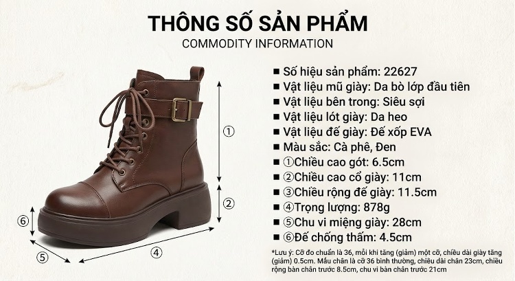 Boot Martin Nữ Cổ Thấp Da Mờ Đế Dày Phong Cách Anh Quốc Chiều Cao Đế Khoảng 5cm Màu Đen, Nâu chi tiết 3