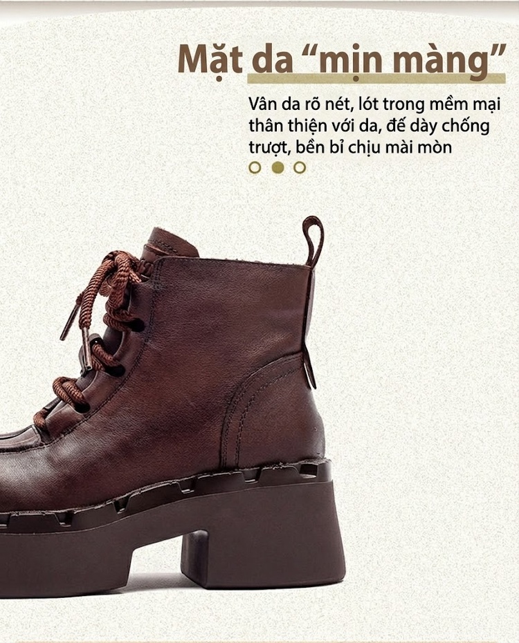 Boot Martin Nữ Cổ Thấp Da Mờ Đế Dày Phong Cách Anh Quốc Chiều Cao Đế Khoảng 5cm Màu Đen, Nâu chi tiết 4