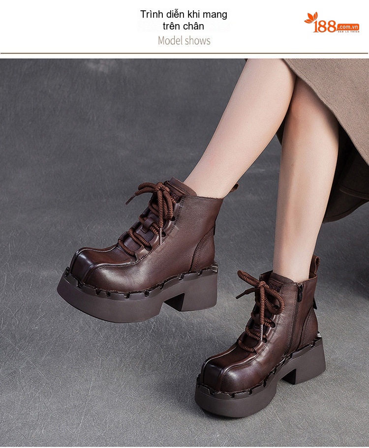 Boot Martin Nữ Cổ Thấp Da Mờ Đế Dày Phong Cách Anh Quốc Chiều Cao Đế Khoảng 5cm Màu Đen, Nâu chi tiết 9