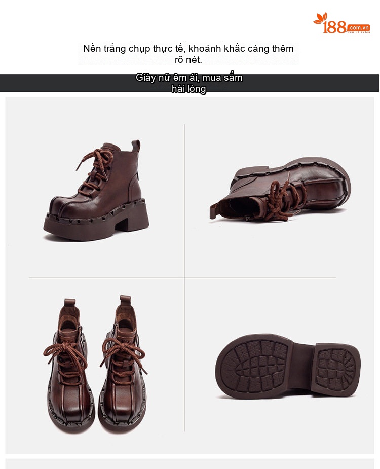Boot Martin Nữ Cổ Thấp Da Mờ Đế Dày Phong Cách Anh Quốc Chiều Cao Đế Khoảng 5cm Màu Đen, Nâu chi tiết 18