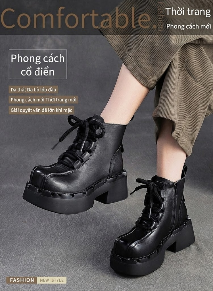 Boot Martin Nữ Cổ Thấp Da Mờ Đế Dày Phong Cách Anh Quốc Chiều Cao Đế Khoảng 5cm Màu Đen, Nâu chi tiết 2