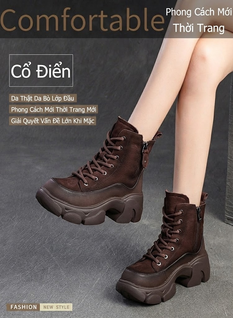 Boot Martin Nữ Cổ Thấp Da Mờ Phong Cách La Mã Chiều Cao Đế Khoảng 5cm Màu Nâu, Đỏ chi tiết 1