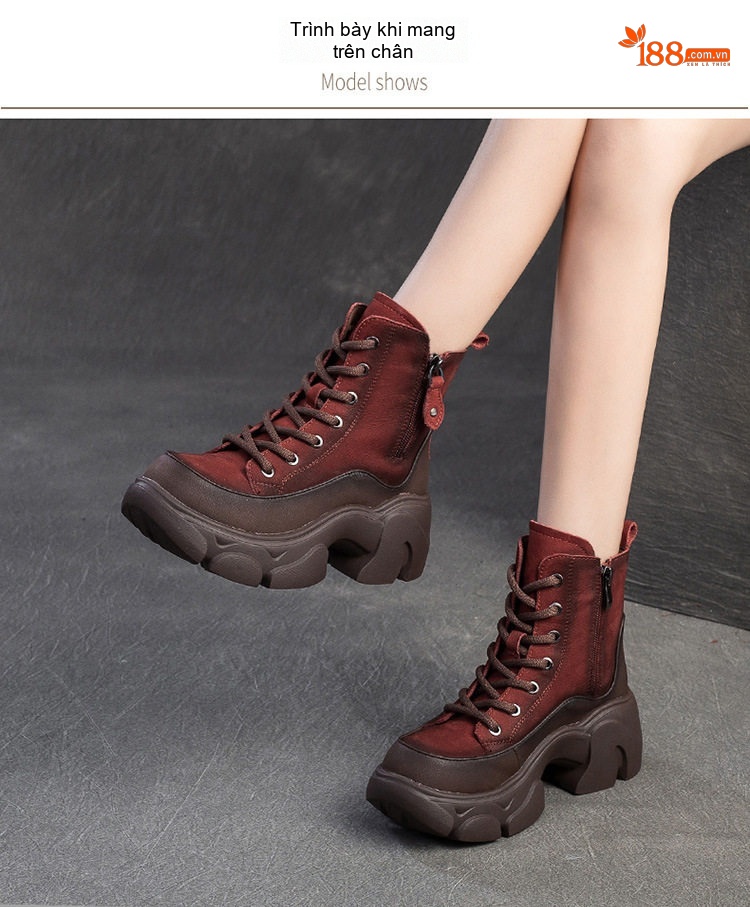 Boot Martin Nữ Cổ Thấp Da Mờ Phong Cách La Mã Chiều Cao Đế Khoảng 5cm Màu Nâu, Đỏ chi tiết 8