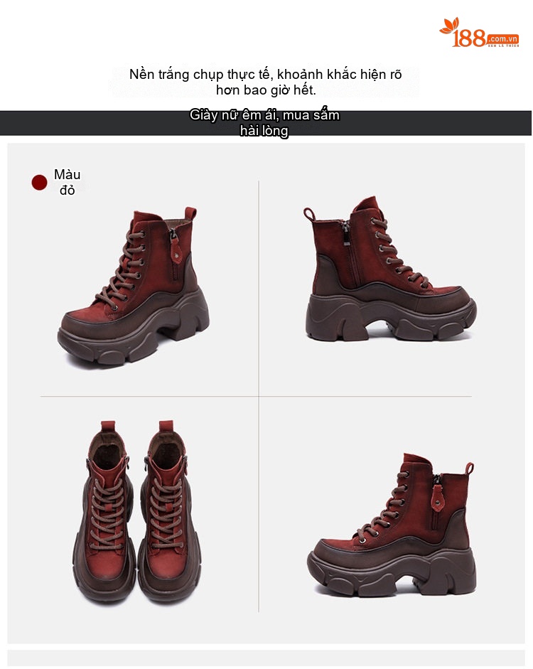 Boot Martin Nữ Cổ Thấp Da Mờ Phong Cách La Mã Chiều Cao Đế Khoảng 5cm Màu Nâu, Đỏ chi tiết 15