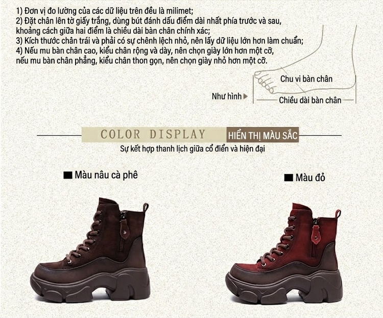 Boot Martin Nữ Cổ Thấp Da Mờ Phong Cách La Mã Chiều Cao Đế Khoảng 5cm Màu Nâu, Đỏ chi tiết 2