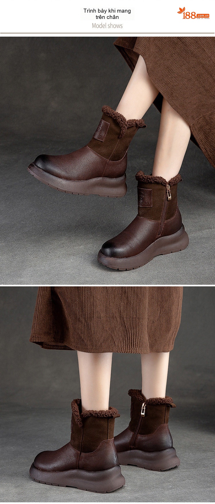 Boot Martin Nữ Cổ Thấp Lót Lông Giữ Ấm Đế Dày Chiều Cao Đế Khoảng 4cm Màu Đen, Trắng, Nâu chi tiết 8