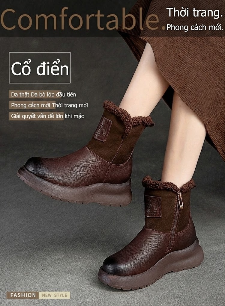 Boot Martin Nữ Cổ Thấp Lót Lông Giữ Ấm Đế Dày Chiều Cao Đế Khoảng 4cm Màu Đen, Trắng, Nâu chi tiết 2