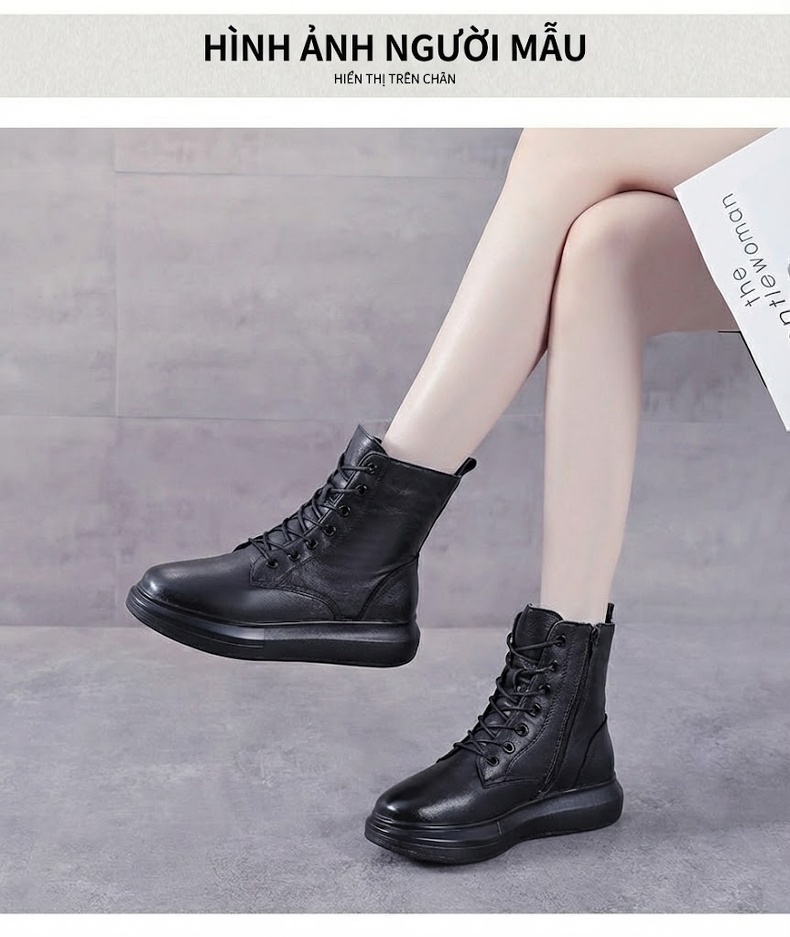 Boot Martin Nữ Da Bò Cao Cổ Đế Dày Phong Cách Anh Quốc Chiều Cao Đế Khoảng 4cm Màu Đen chi tiết 10