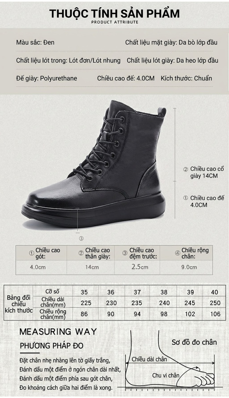 Boot Martin Nữ Da Bò Cao Cổ Đế Dày Phong Cách Anh Quốc Chiều Cao Đế Khoảng 4cm Màu Đen chi tiết 4