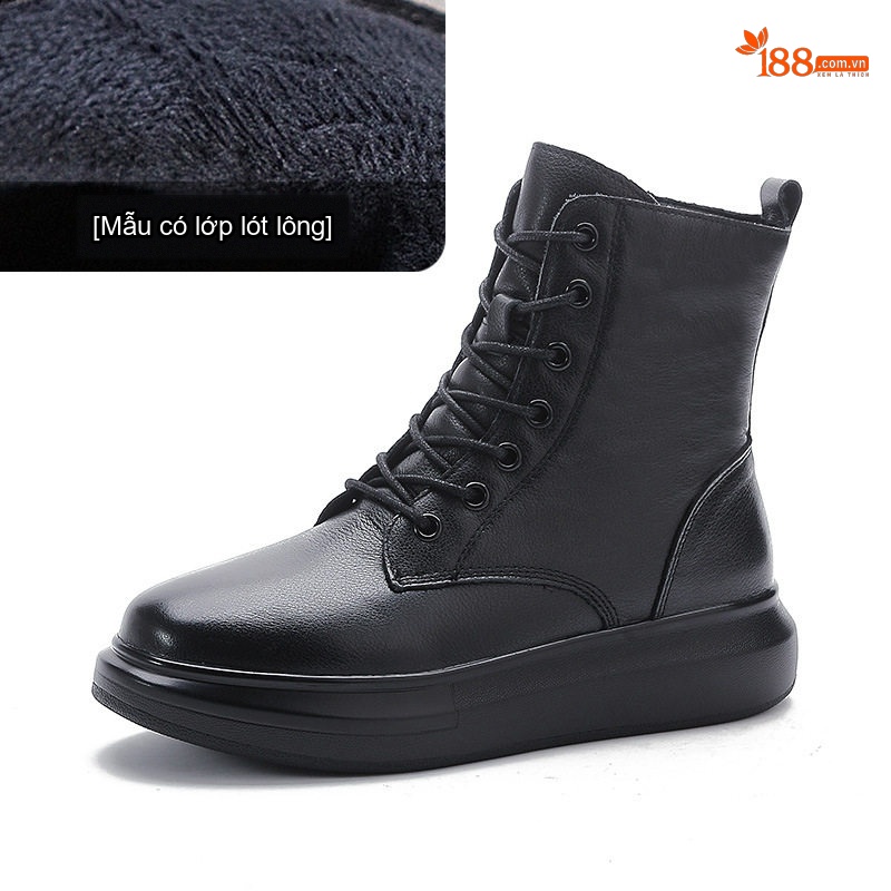 Boot Martin Nữ Da Bò Cao Cổ Đế Dày Phong Cách Anh Quốc Chiều Cao Đế Khoảng 4cm Màu Đen