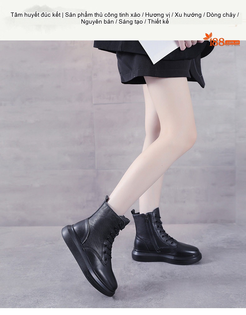Boot Martin Nữ Da Bò Cao Cổ Đế Dày Phong Cách Anh Quốc Chiều Cao Đế Khoảng 4cm Màu Đen chi tiết 1