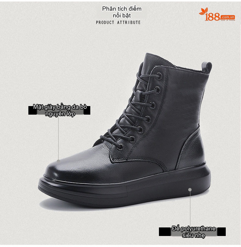Boot Martin Nữ Da Bò Cao Cổ Đế Dày Phong Cách Anh Quốc Chiều Cao Đế Khoảng 4cm Màu Đen chi tiết 3