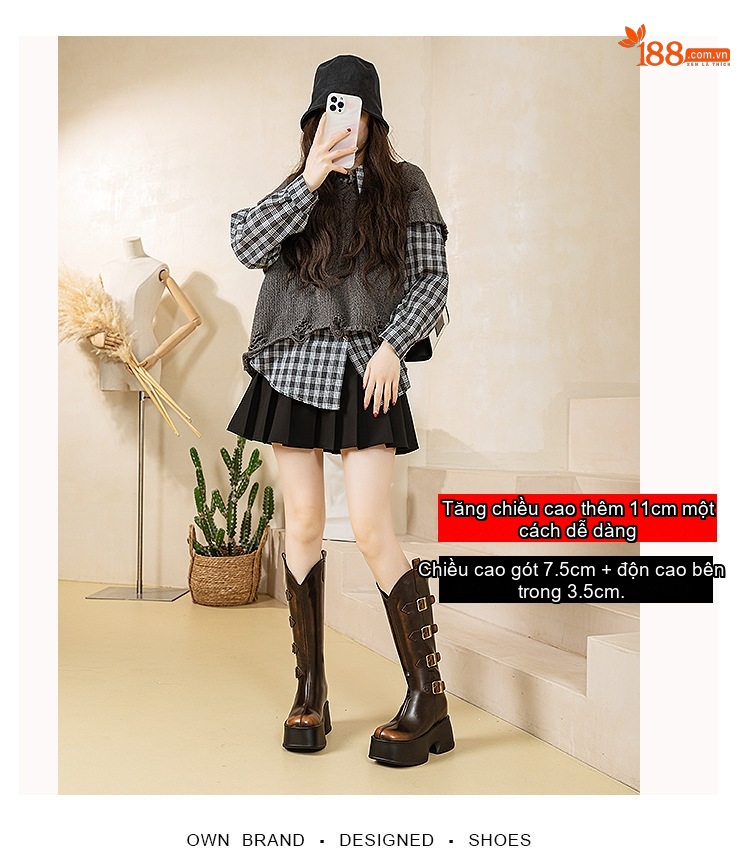 Boot Martin Nữ Da Bò Cao Cổ Khóa Kim Loại Chiều Cao Đế 7.5cm Màu Đen, Nâu chi tiết 2