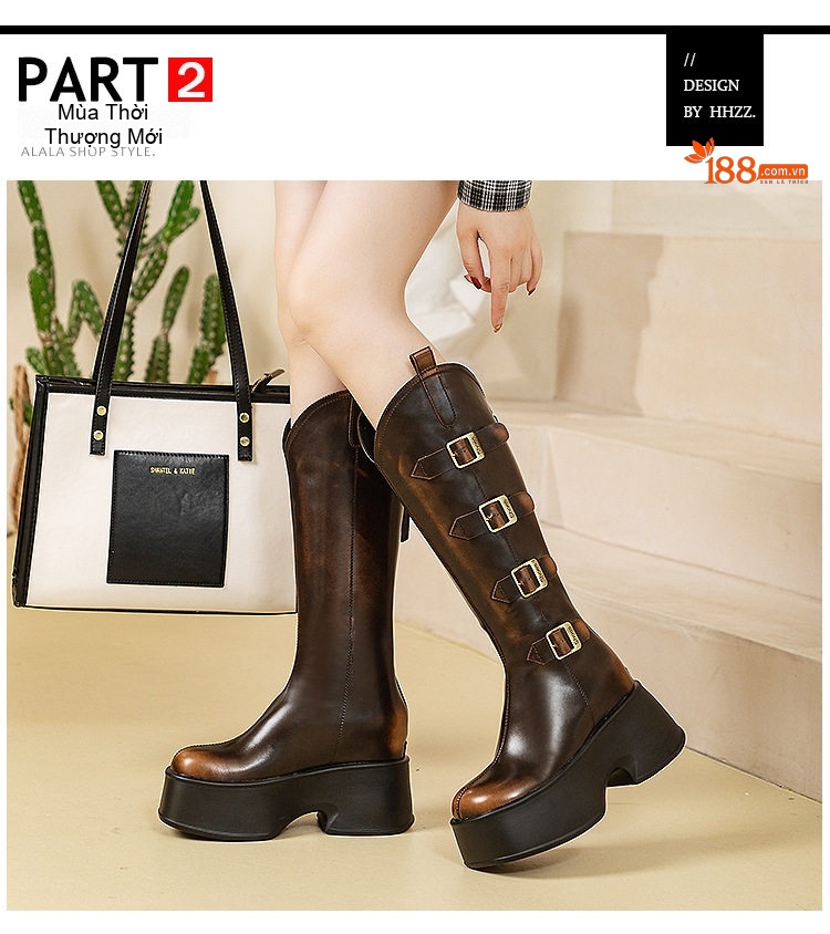 Boot Martin Nữ Da Bò Cao Cổ Khóa Kim Loại Chiều Cao Đế 7.5cm Màu Đen, Nâu chi tiết 15