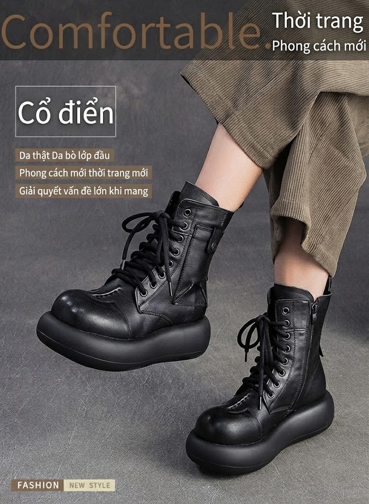 Boot Martin Nữ Da Bò Cổ Cao Chiều Cao Đế Khoảng 5cm Màu Đen, Nâu chi tiết 1