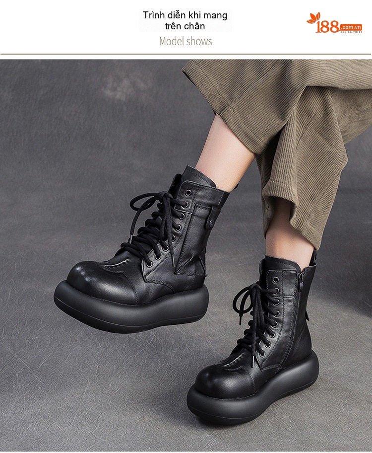 Boot Martin Nữ Da Bò Cổ Cao Chiều Cao Đế Khoảng 5cm Màu Đen, Nâu chi tiết 7