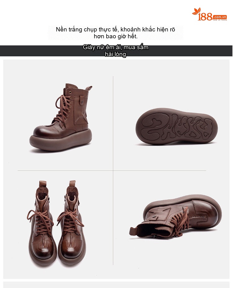 Boot Martin Nữ Da Bò Cổ Cao Chiều Cao Đế Khoảng 5cm Màu Đen, Nâu chi tiết 16