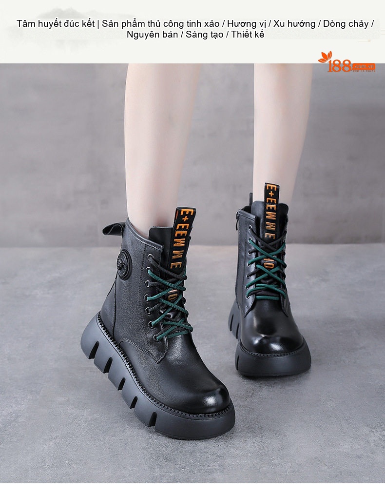 Boot Martin Nữ Da Bò Cổ Cao Đế Dày Chiều Cao Đế Khoảng 5cm Màu Đen, Nâu chi tiết 1