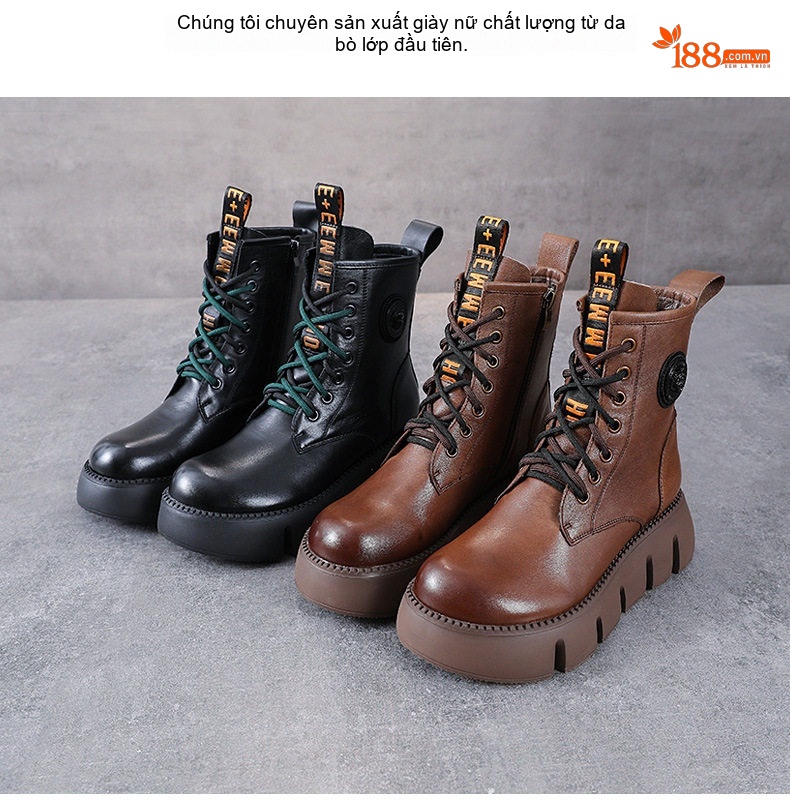 Boot Martin Nữ Da Bò Cổ Cao Đế Dày Chiều Cao Đế Khoảng 5cm Màu Đen, Nâu chi tiết 2