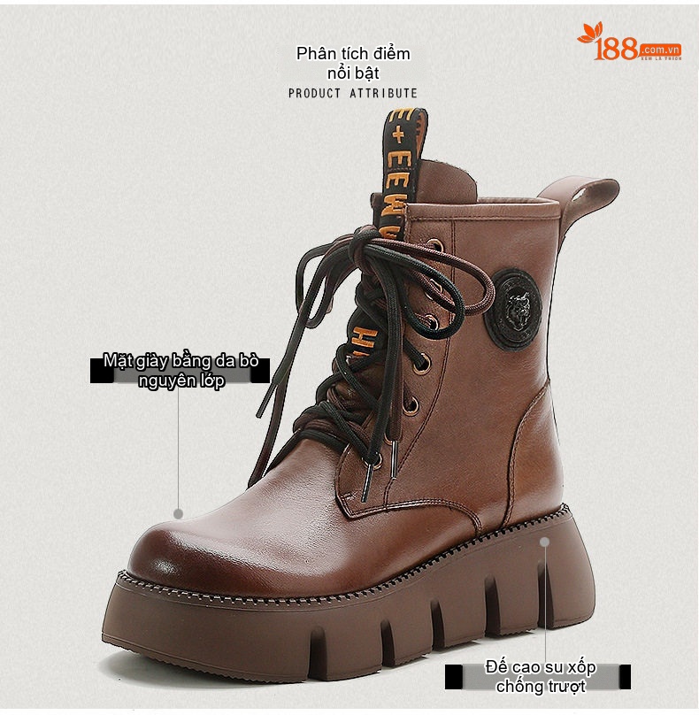 Boot Martin Nữ Da Bò Cổ Cao Đế Dày Chiều Cao Đế Khoảng 5cm Màu Đen, Nâu chi tiết 3