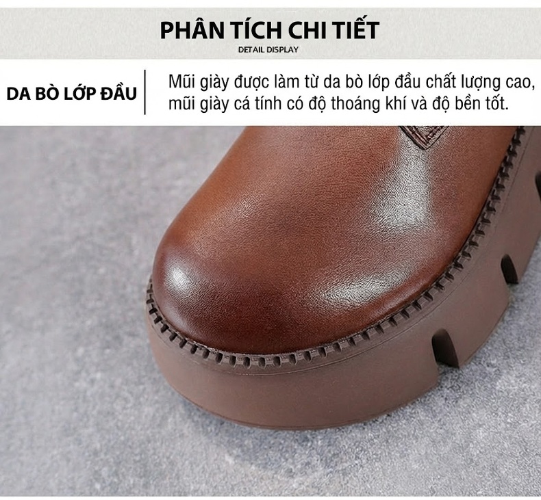 Boot Martin Nữ Da Bò Cổ Cao Đế Dày Chiều Cao Đế Khoảng 5cm Màu Đen, Nâu chi tiết 4