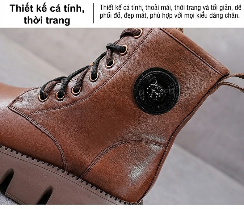 Boot Martin Nữ Da Bò Cổ Cao Đế Dày Chiều Cao Đế Khoảng 5cm Màu Đen, Nâu chi tiết 5