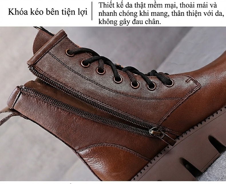 Boot Martin Nữ Da Bò Cổ Cao Đế Dày Chiều Cao Đế Khoảng 5cm Màu Đen, Nâu chi tiết 6