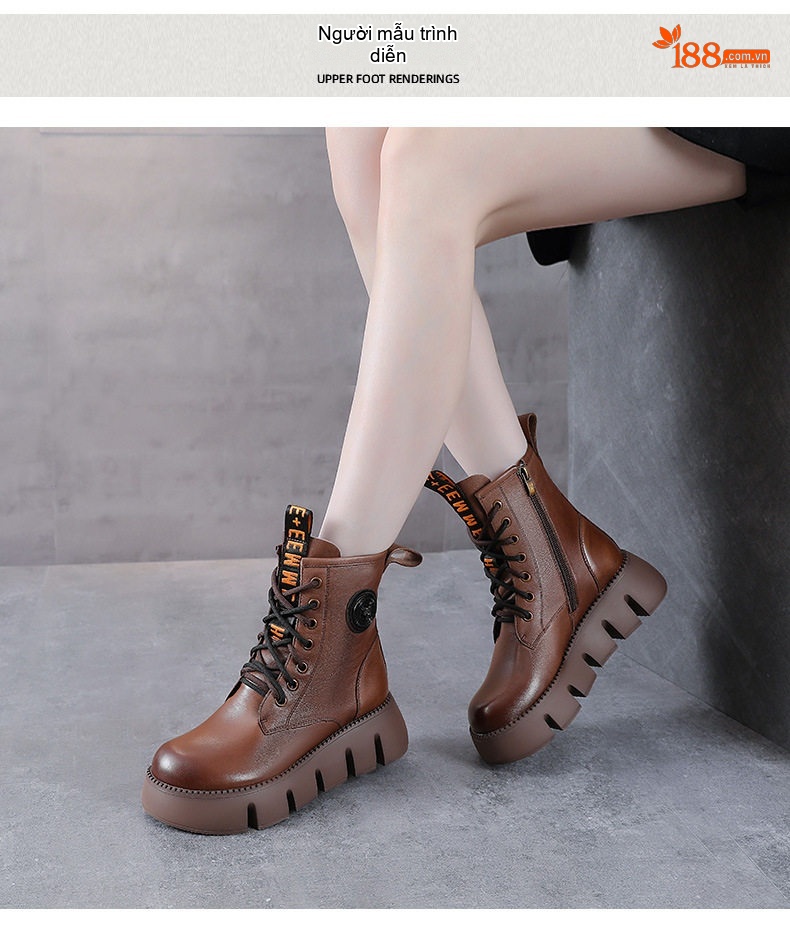 Boot Martin Nữ Da Bò Cổ Cao Đế Dày Chiều Cao Đế Khoảng 5cm Màu Đen, Nâu chi tiết 9