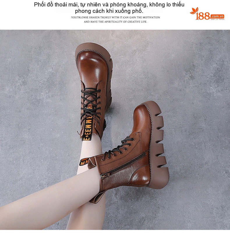 Boot Martin Nữ Da Bò Cổ Cao Đế Dày Chiều Cao Đế Khoảng 5cm Màu Đen, Nâu chi tiết 10