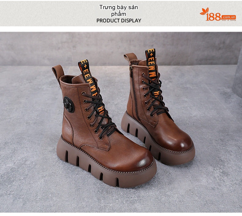 Boot Martin Nữ Da Bò Cổ Cao Đế Dày Chiều Cao Đế Khoảng 5cm Màu Đen, Nâu chi tiết 11