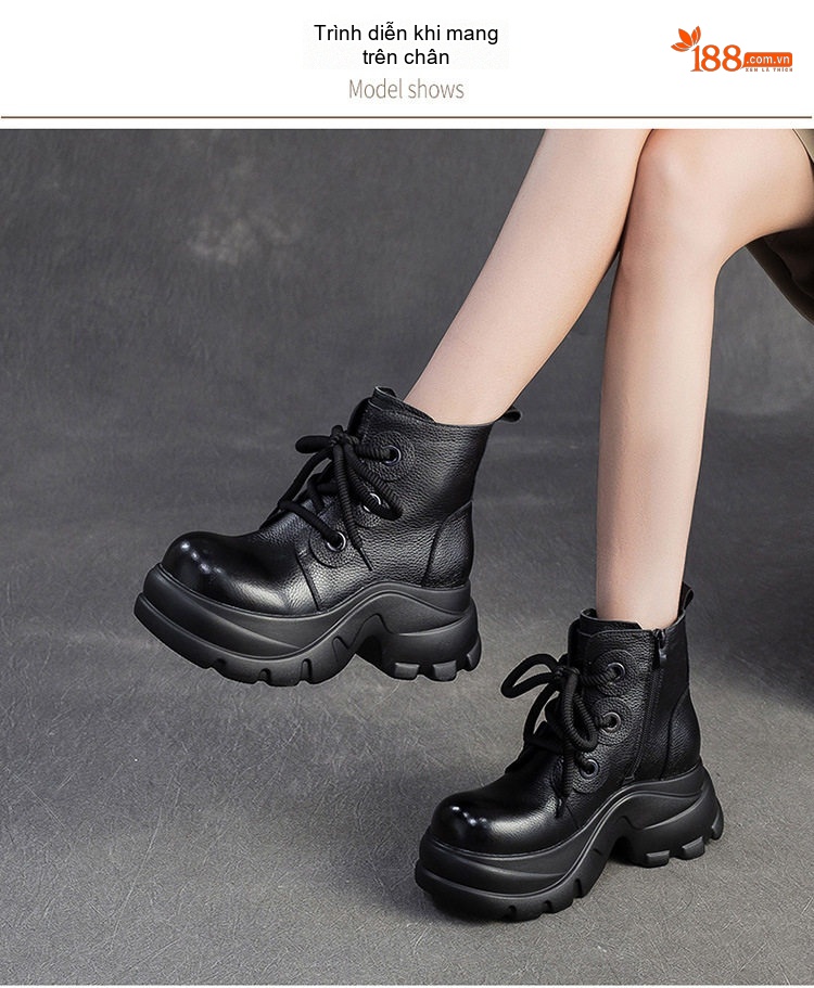 Boot Martin Nữ Da Bò Cổ Ngắn Buộc Dây Chiều Cao Đế Khoảng 5cm Màu Đen, Nâu chi tiết 9
