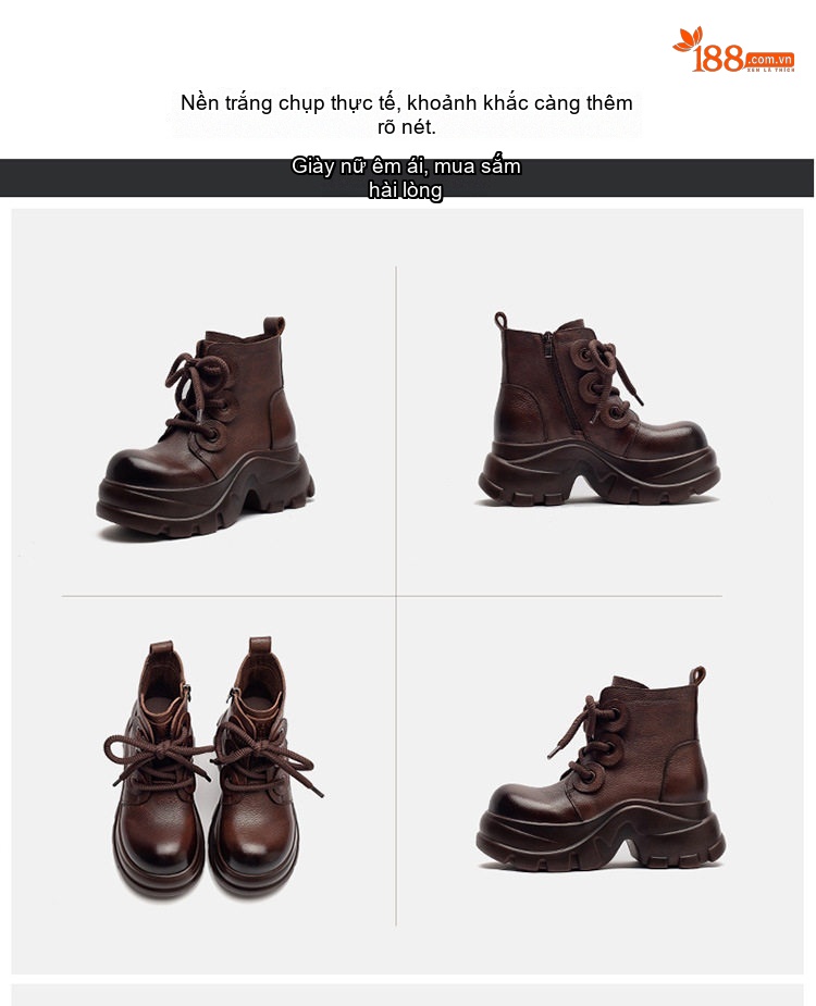Boot Martin Nữ Da Bò Cổ Ngắn Buộc Dây Chiều Cao Đế Khoảng 5cm Màu Đen, Nâu chi tiết 18