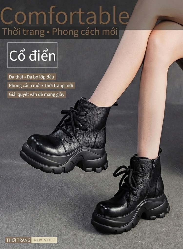 Boot Martin Nữ Da Bò Cổ Ngắn Buộc Dây Chiều Cao Đế Khoảng 5cm Màu Đen, Nâu chi tiết 2