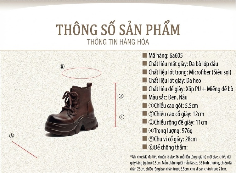 Boot Martin Nữ Da Bò Cổ Ngắn Buộc Dây Chiều Cao Đế Khoảng 5cm Màu Đen, Nâu chi tiết 3