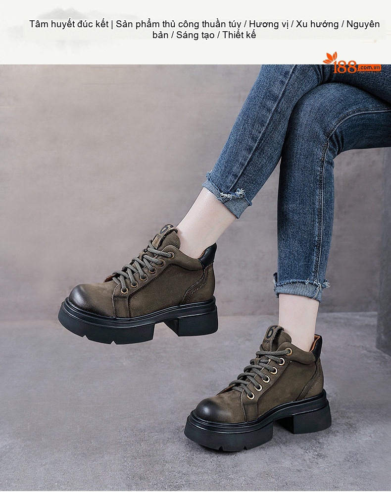 Boot Martin Nữ Da Bò Cổ Ngắn Có Dây Chiều Cao Đế Khoảng 5cm Màu Nâu, Xanh Rêu chi tiết 1