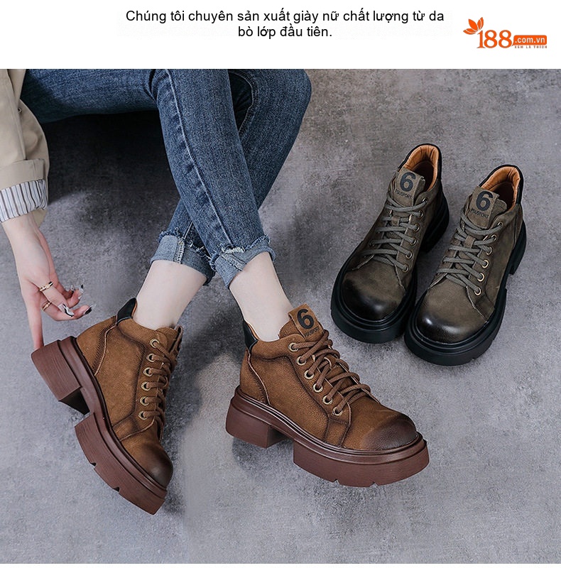 Boot Martin Nữ Da Bò Cổ Ngắn Có Dây Chiều Cao Đế Khoảng 5cm Màu Nâu, Xanh Rêu chi tiết 2