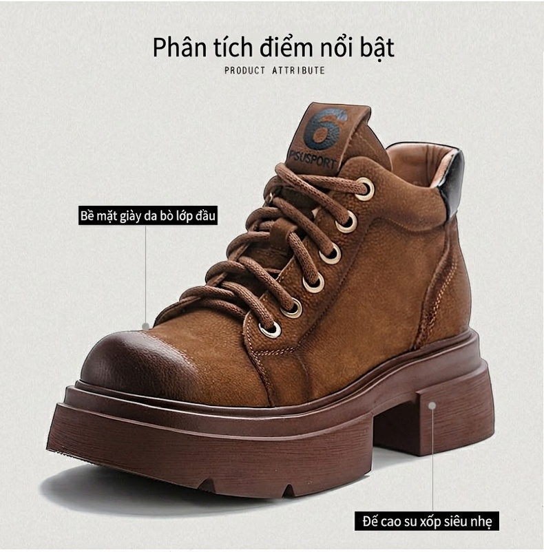 Boot Martin Nữ Da Bò Cổ Ngắn Có Dây Chiều Cao Đế Khoảng 5cm Màu Nâu, Xanh Rêu chi tiết 3