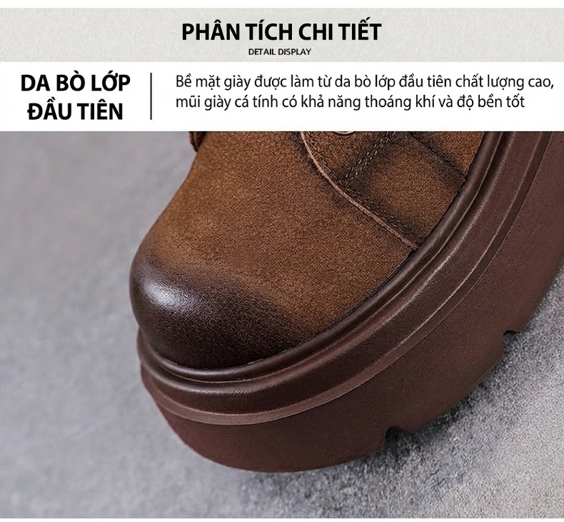 Boot Martin Nữ Da Bò Cổ Ngắn Có Dây Chiều Cao Đế Khoảng 5cm Màu Nâu, Xanh Rêu chi tiết 4