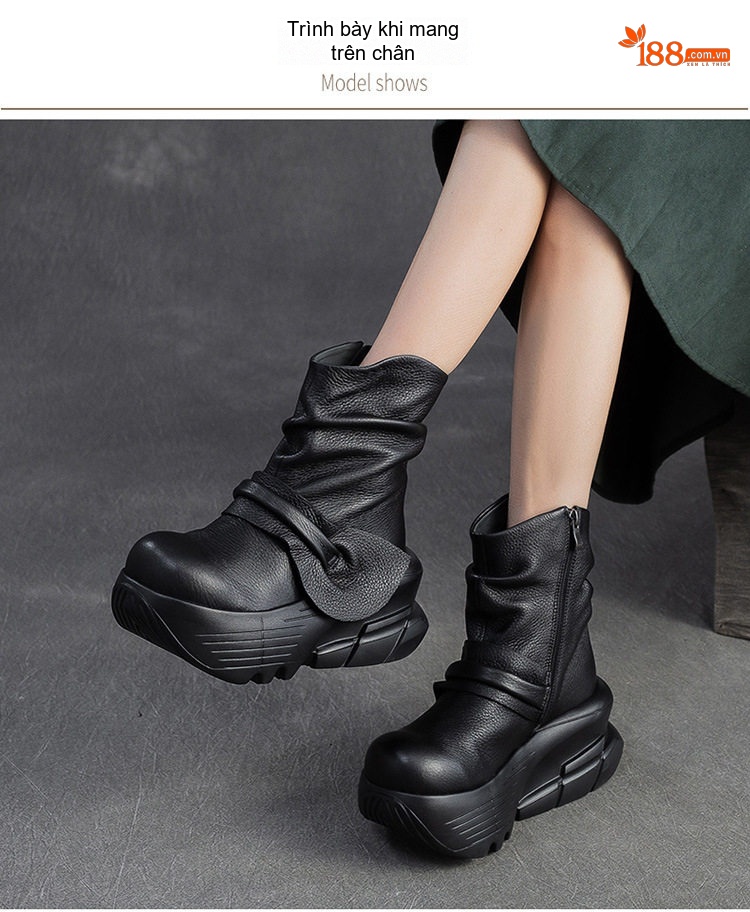 Boot Martin Nữ Da Bò Cổ Ngắn Đế Bánh Mì Chiều Cao Đế Khoảng 6cm Màu Đen, Nâu chi tiết 7
