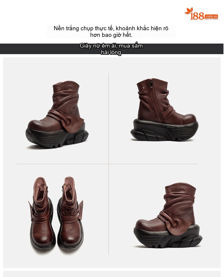 Boot Martin Nữ Da Bò Cổ Ngắn Đế Bánh Mì Chiều Cao Đế Khoảng 6cm Màu Đen, Nâu chi tiết 16