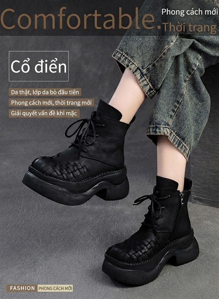 Boot Martin Nữ Da Bò Dây Buộc Thủ Công Đế Dày Dệt Ô Chiều Cao Đế Khoảng 6cm Màu Đen chi tiết 1