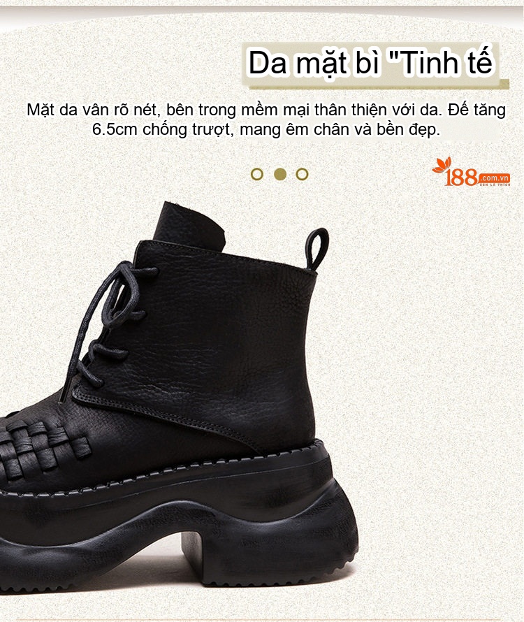 Boot Martin Nữ Da Bò Dây Buộc Thủ Công Đế Dày Dệt Ô Chiều Cao Đế Khoảng 6cm Màu Đen chi tiết 3