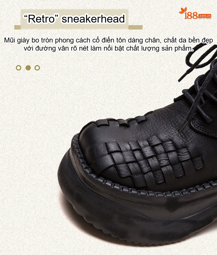 Boot Martin Nữ Da Bò Dây Buộc Thủ Công Đế Dày Dệt Ô Chiều Cao Đế Khoảng 6cm Màu Đen chi tiết 4