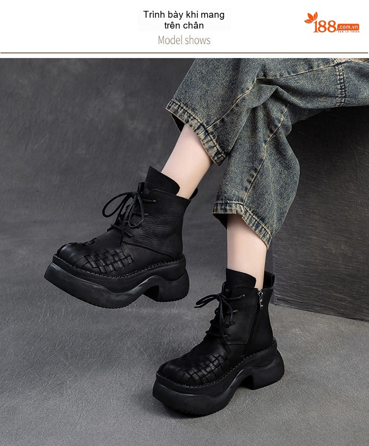 Boot Martin Nữ Da Bò Dây Buộc Thủ Công Đế Dày Dệt Ô Chiều Cao Đế Khoảng 6cm Màu Đen chi tiết 8