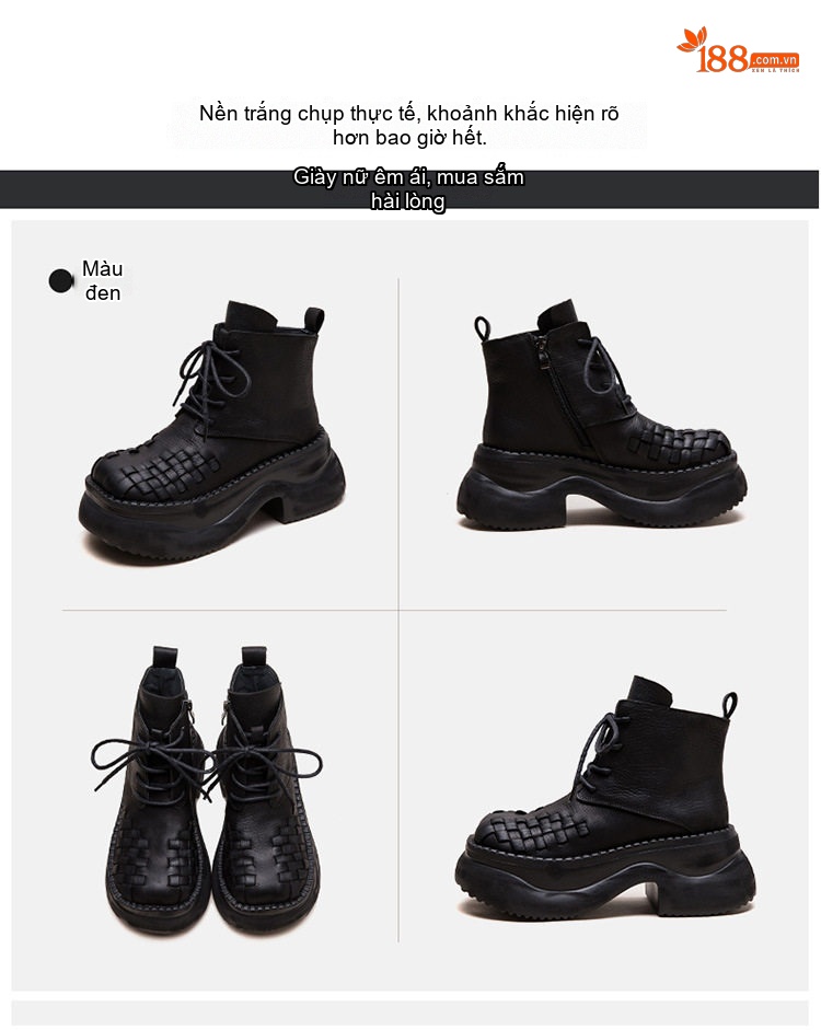 Boot Martin Nữ Da Bò Dây Buộc Thủ Công Đế Dày Dệt Ô Chiều Cao Đế Khoảng 6cm Màu Đen chi tiết 17