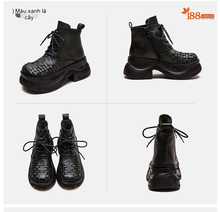 Boot Martin Nữ Da Bò Dây Buộc Thủ Công Đế Dày Dệt Ô Chiều Cao Đế Khoảng 6cm Màu Đen chi tiết 18