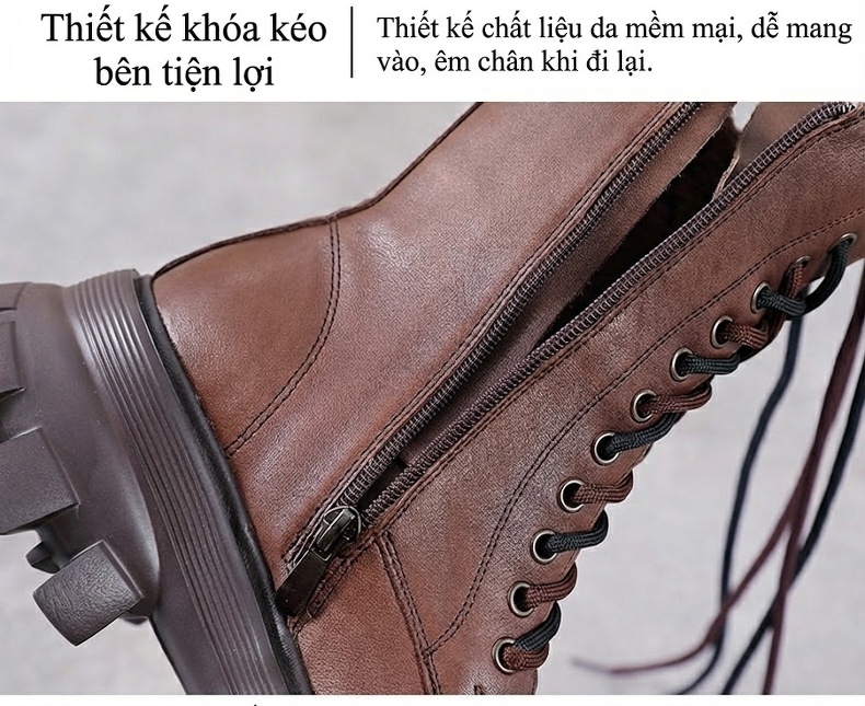 Boot Martin Nữ Da Bò Đế Cao Gót Dày Khoảng 5cm Khóa Kéo Bên Hông Màu Đen, Nâu chi tiết 6