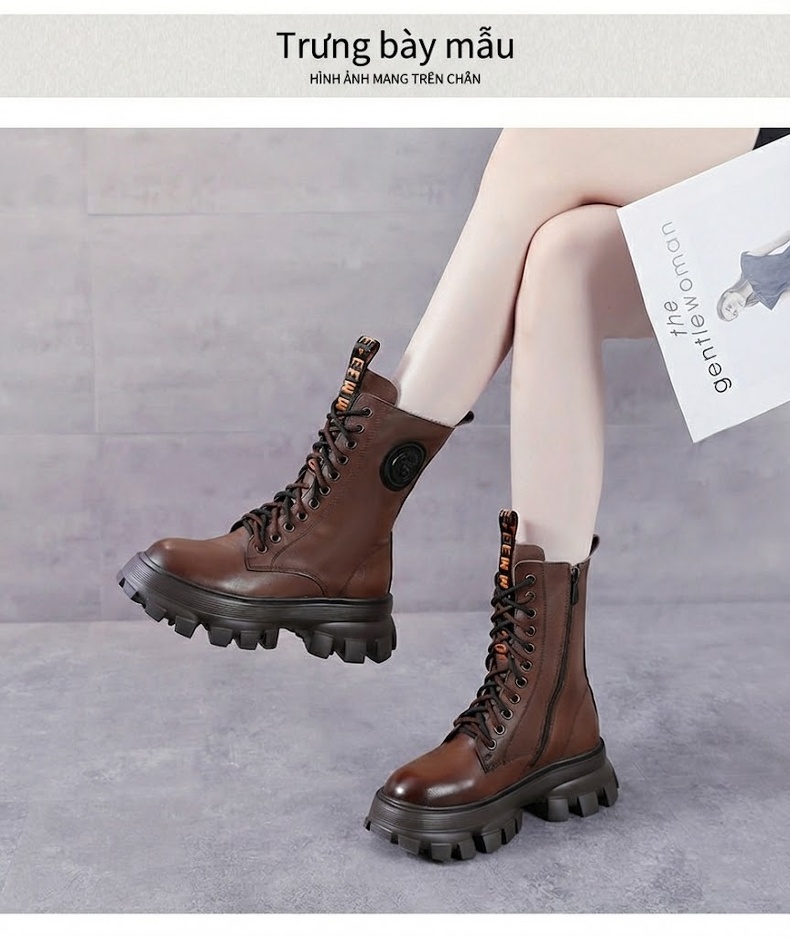 Boot Martin Nữ Da Bò Đế Cao Gót Dày Khoảng 5cm Khóa Kéo Bên Hông Màu Đen, Nâu chi tiết 8