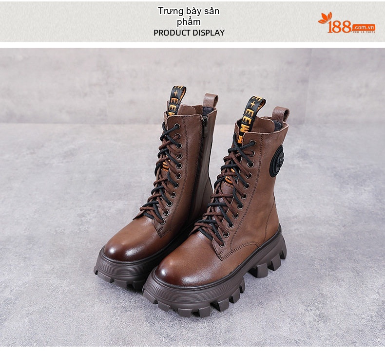 Boot Martin Nữ Da Bò Đế Cao Gót Dày Khoảng 5cm Khóa Kéo Bên Hông Màu Đen, Nâu chi tiết 9