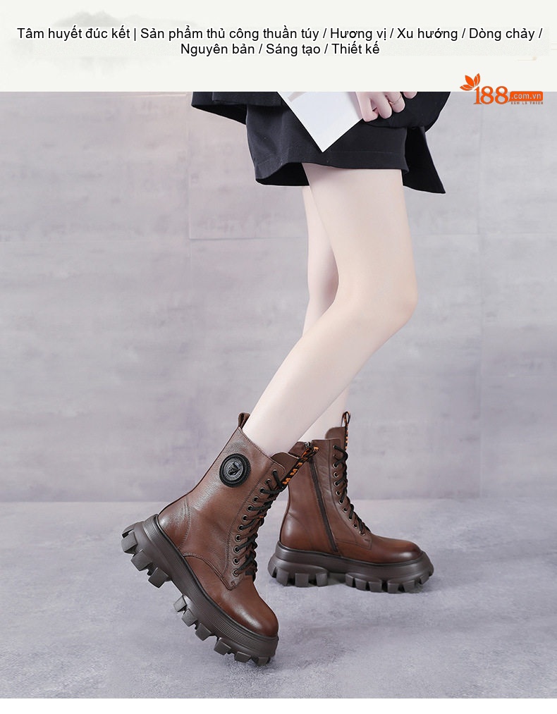 Boot Martin Nữ Da Bò Đế Cao Gót Dày Khoảng 5cm Khóa Kéo Bên Hông Màu Đen, Nâu chi tiết 1